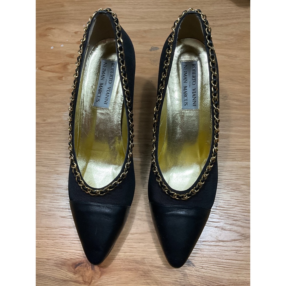 Roberto Vianni Neiman Marcus Black Leather Chain Kitten Heel Pumps Italy 10M - Picture 2 of 5